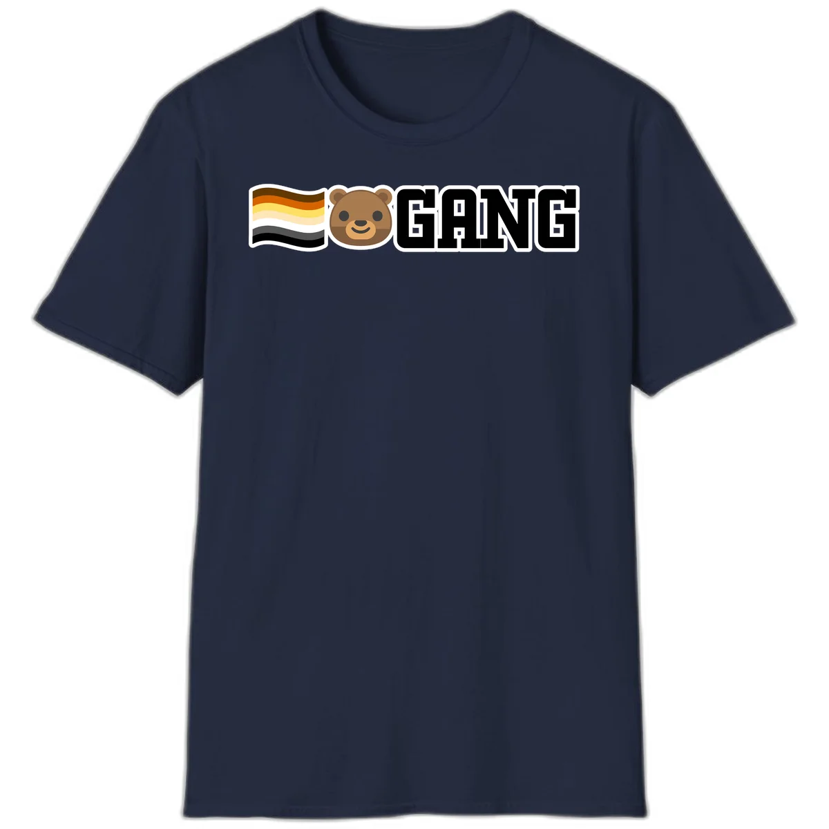 Bear gang pride design with smiling brown bear face, bear pride flag stripes, and bold 'GANG' text in Navy