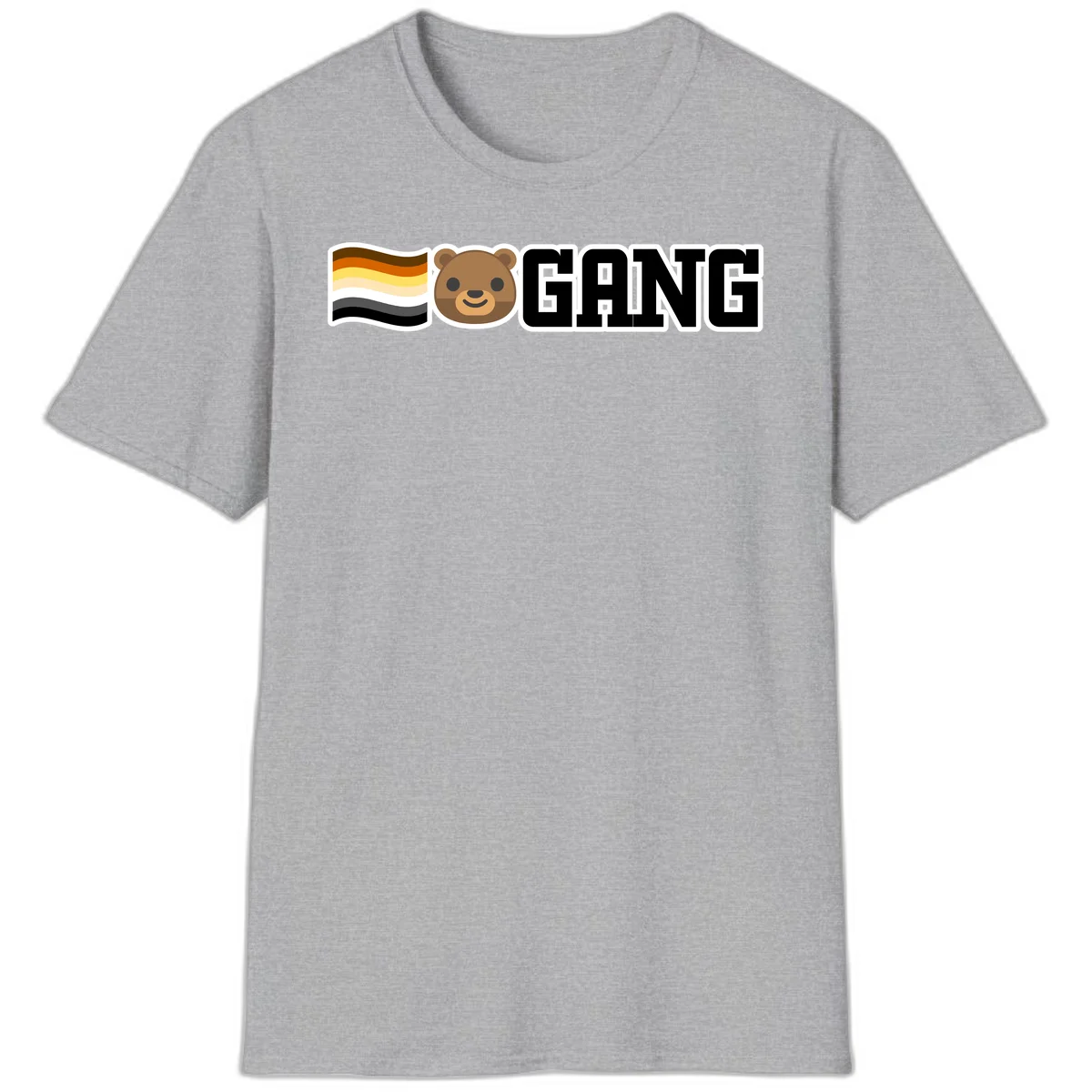 Bear gang pride design with smiling brown bear face, bear pride flag stripes, and bold 'GANG' text in Sport Grey