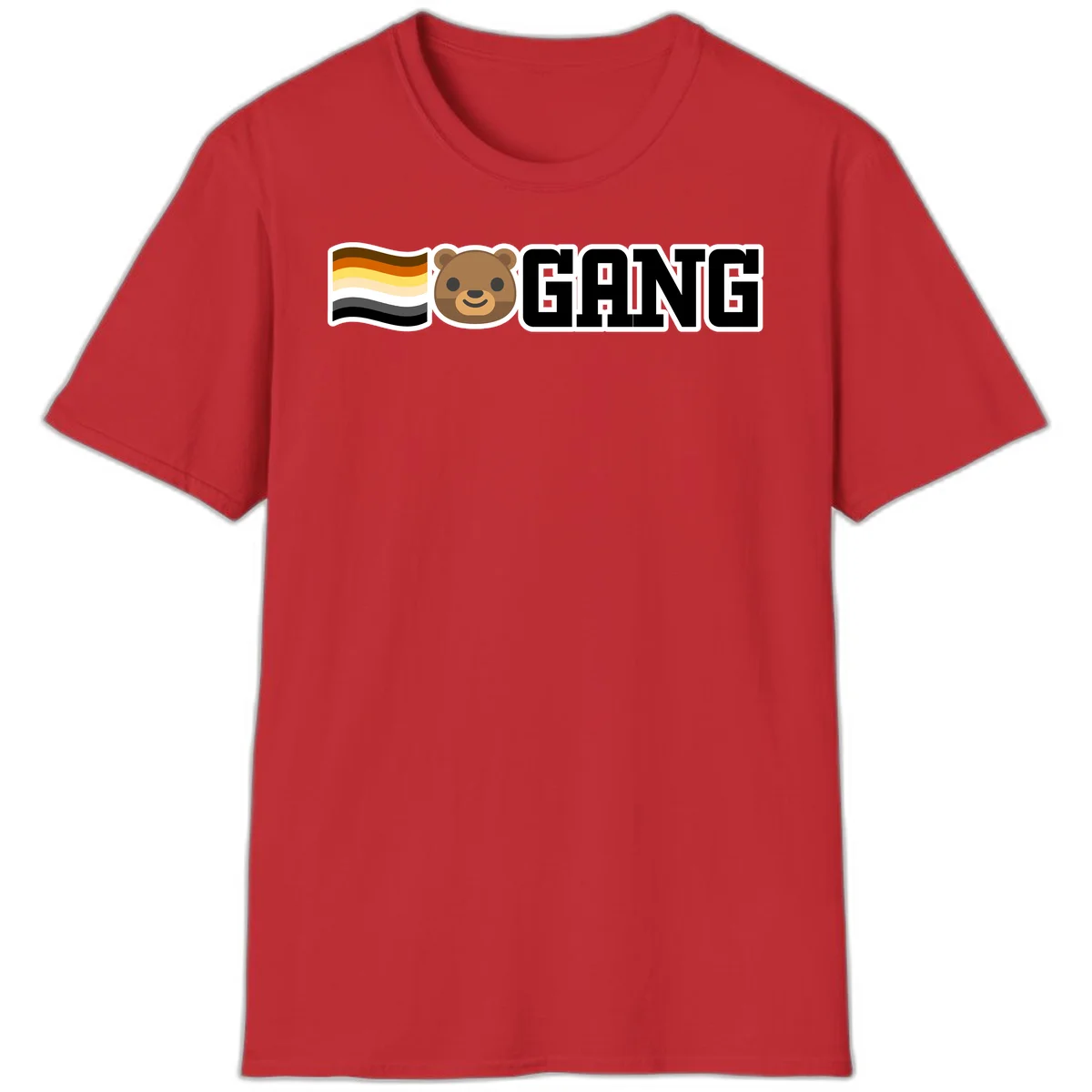 Bear gang pride design with smiling brown bear face, bear pride flag stripes, and bold 'GANG' text in Red