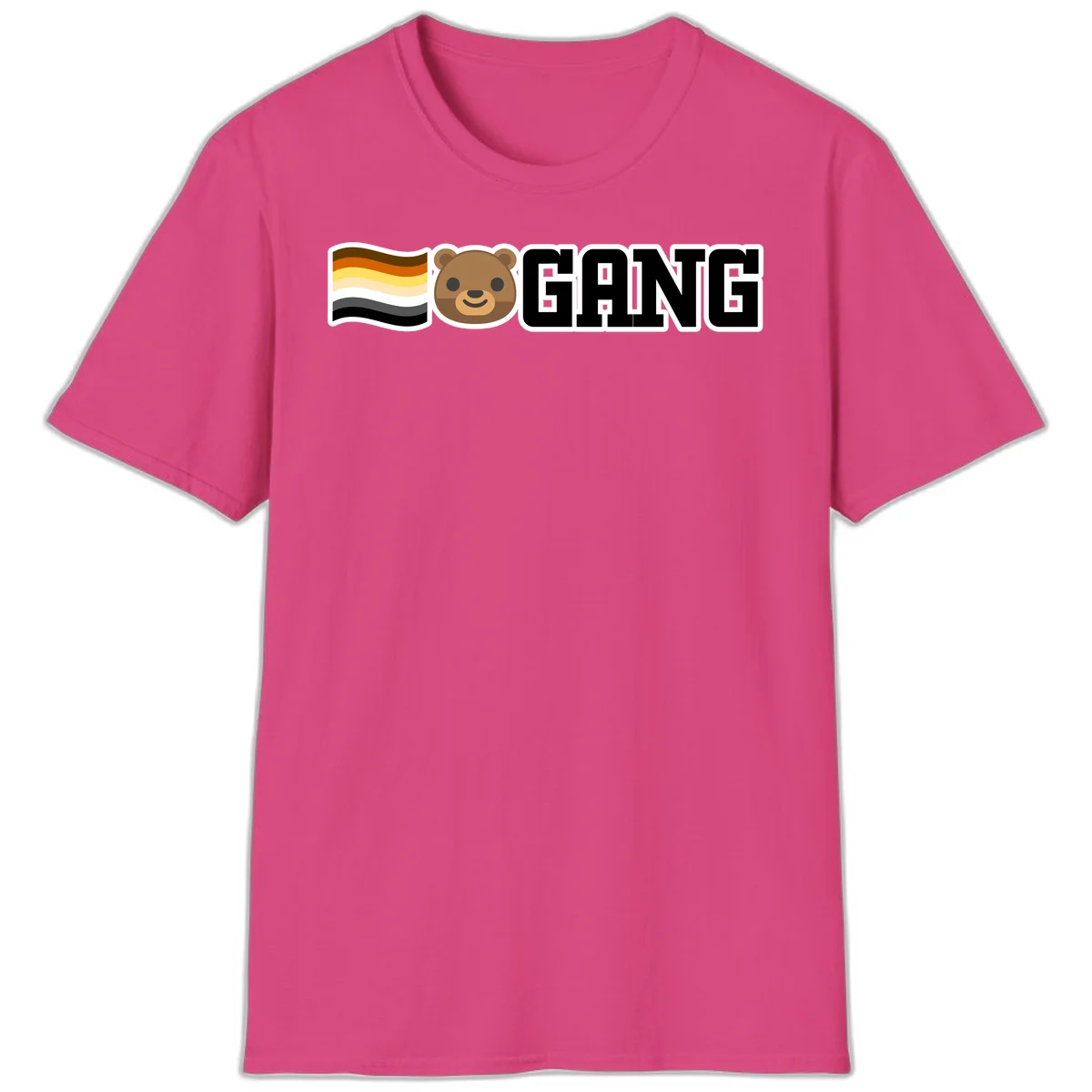Bear gang pride design with smiling brown bear face, bear pride flag stripes, and bold 'GANG' text in Heliconia