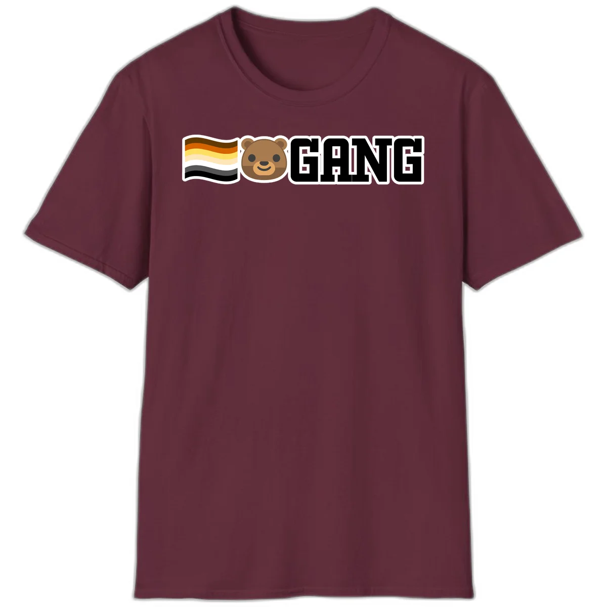 Bear gang pride design with smiling brown bear face, bear pride flag stripes, and bold 'GANG' text in Maroon