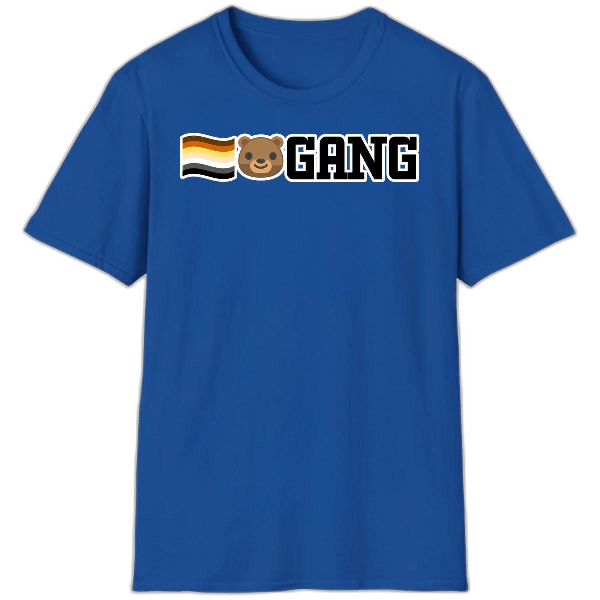Bear gang pride design with smiling brown bear face, bear pride flag stripes, and bold 'GANG' text in Royal