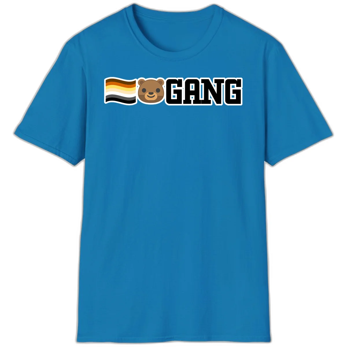 Bear gang pride design with smiling brown bear face, bear pride flag stripes, and bold 'GANG' text in Sapphire