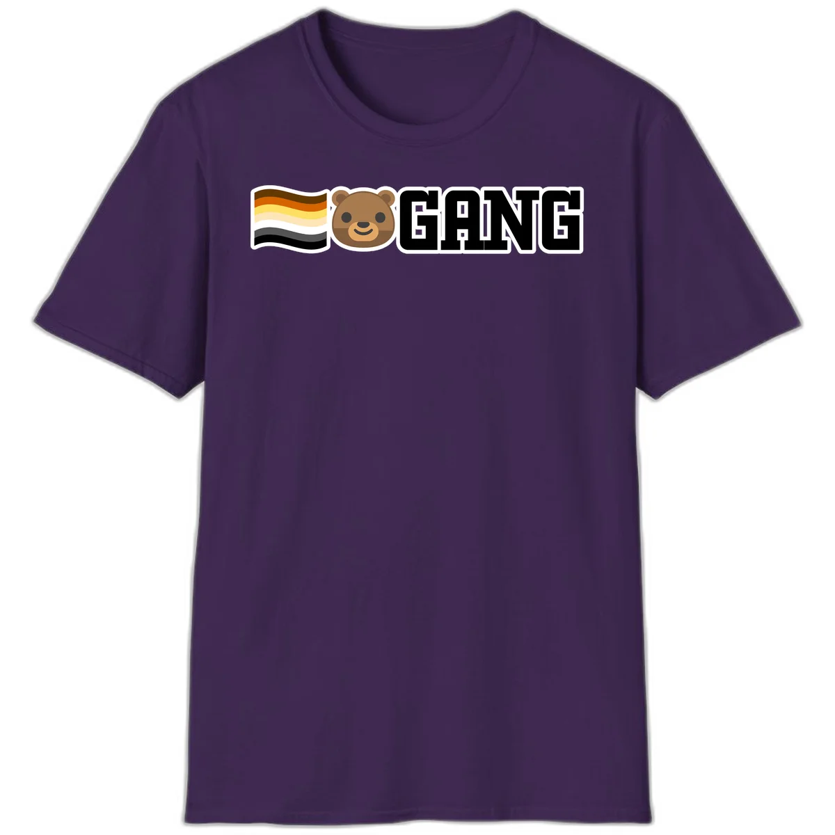 Bear gang pride design with smiling brown bear face, bear pride flag stripes, and bold 'GANG' text in Purple