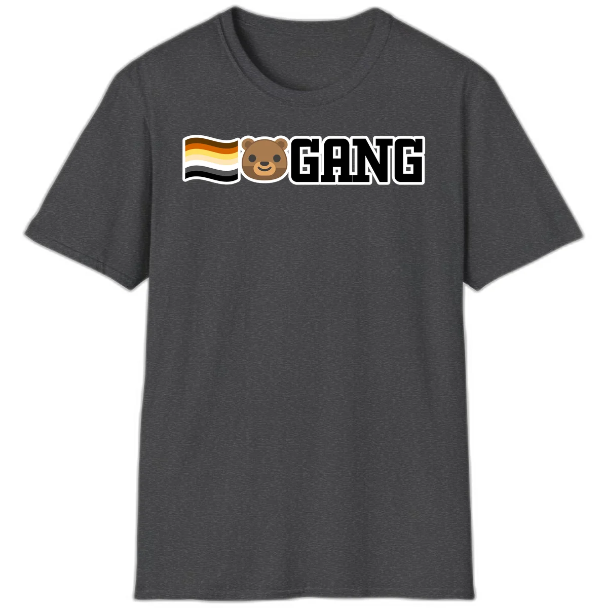 Bear gang pride design with smiling brown bear face, bear pride flag stripes, and bold 'GANG' text in Dark Heather