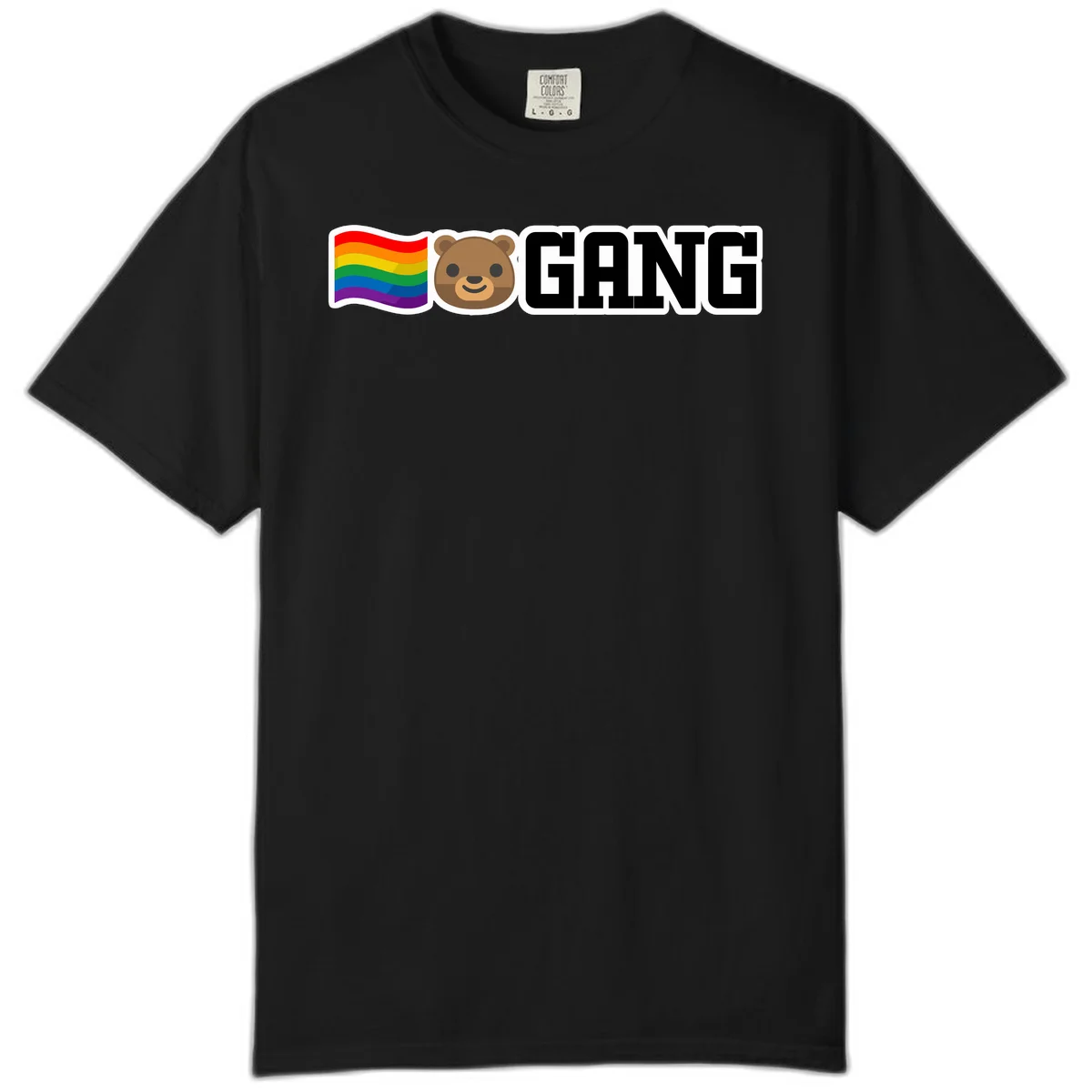 Bear gang pride design with rainbow flag, smiling bear face, and bold GANG text on gray background in Black