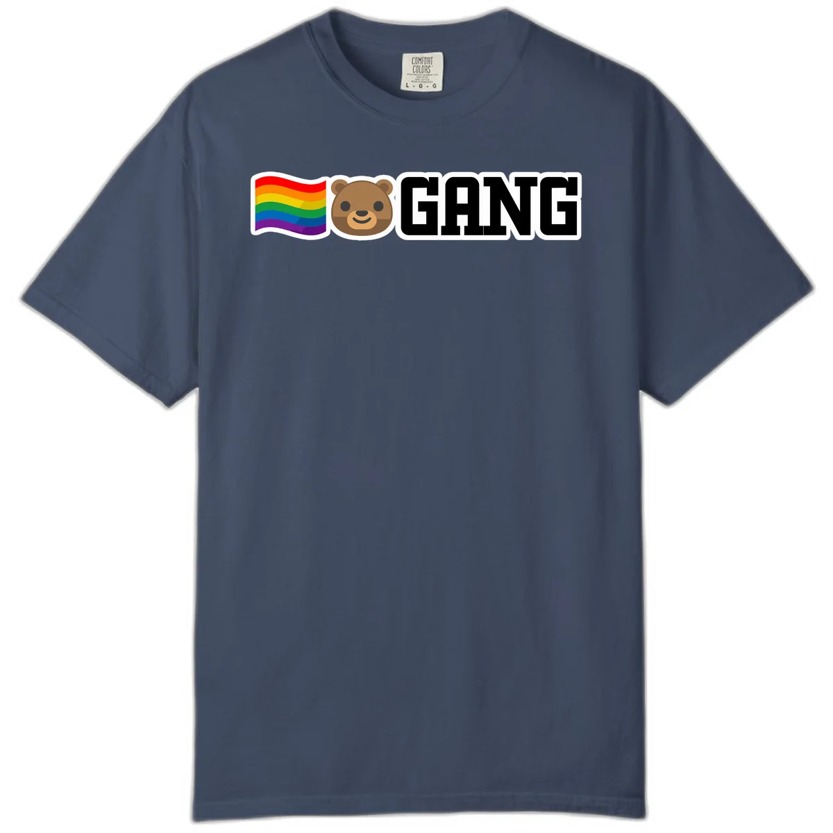 Bear gang pride design with rainbow flag, smiling bear face, and bold GANG text on gray background in Midnight