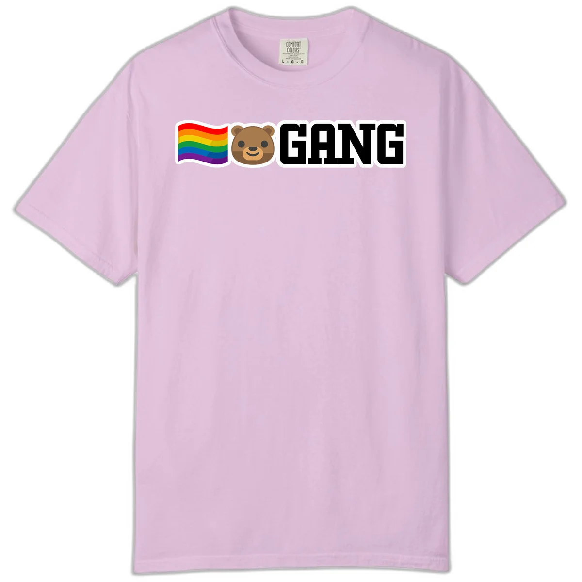 Bear gang pride design with rainbow flag, smiling bear face, and bold GANG text on gray background in Orchid