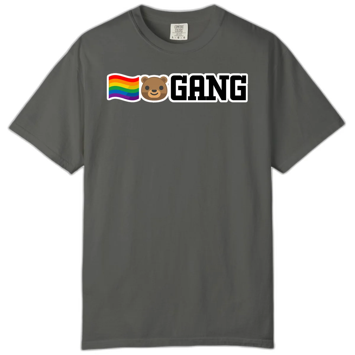 Bear gang pride design with rainbow flag, smiling bear face, and bold GANG text on gray background in Pepper