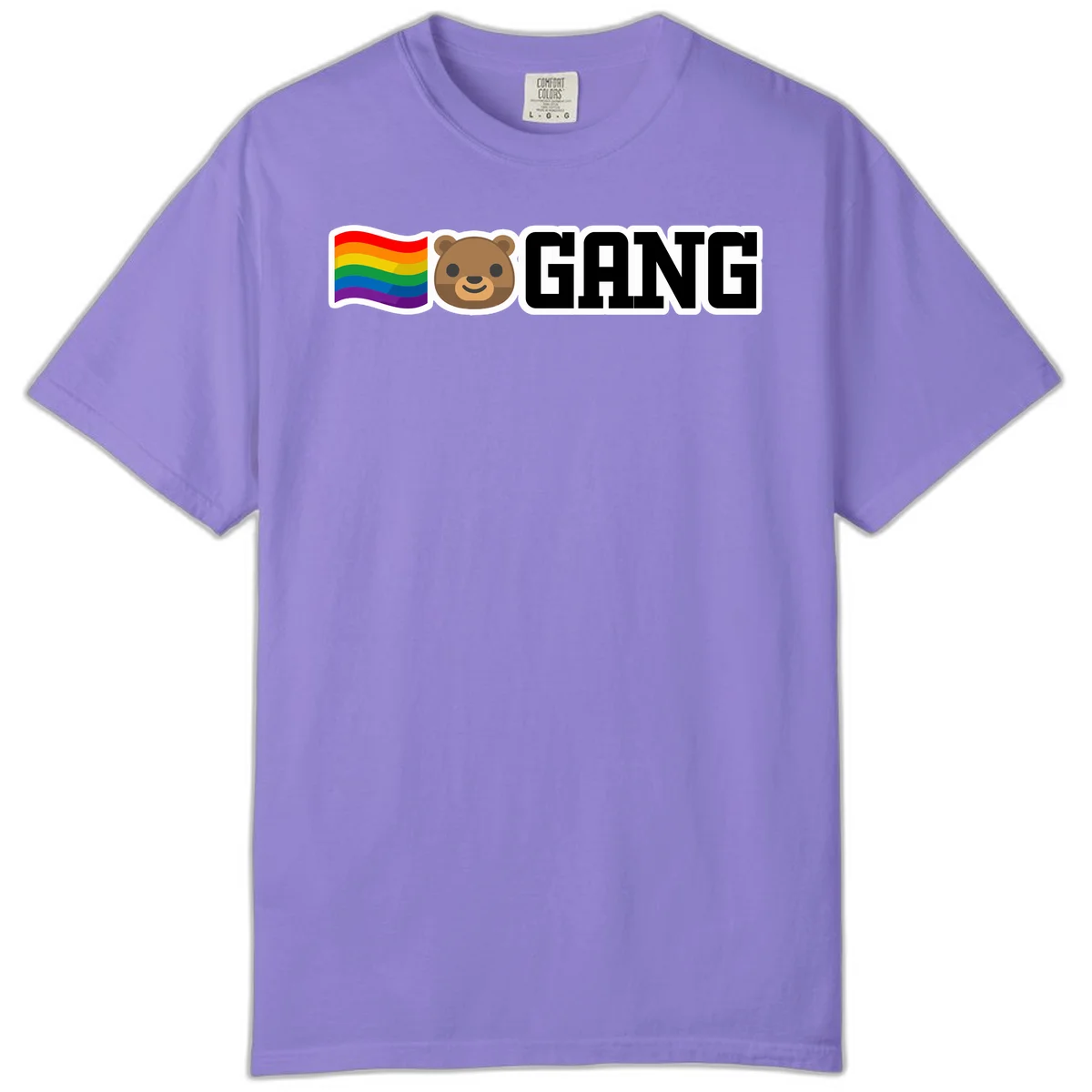 Bear gang pride design with rainbow flag, smiling bear face, and bold GANG text on gray background in Violet