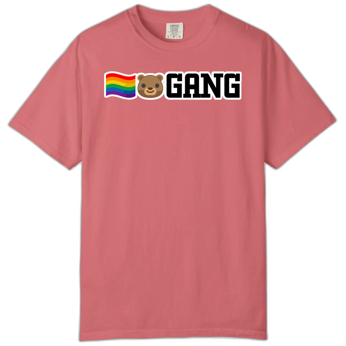 Bear gang pride design with rainbow flag, smiling bear face, and bold GANG text on gray background in Watermelon