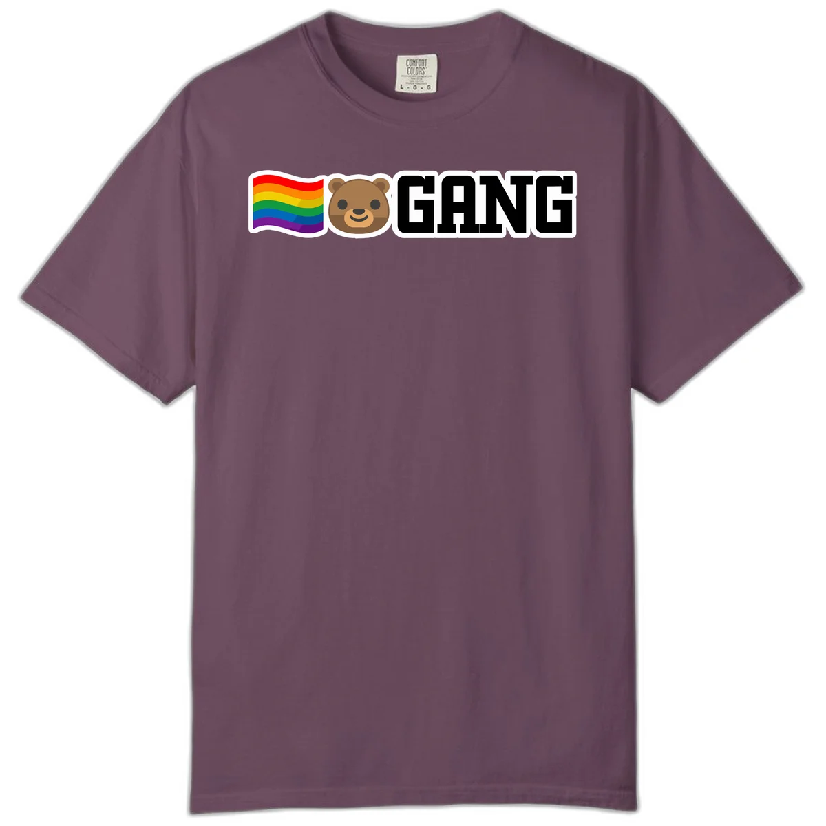 Bear gang pride design with rainbow flag, smiling bear face, and bold GANG text on gray background in Berry