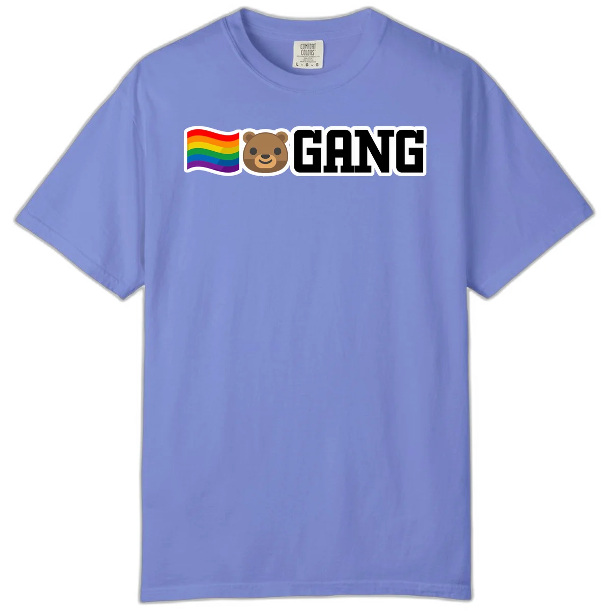 Bear gang pride design with rainbow flag, smiling bear face, and bold GANG text on gray background in Flo Blue