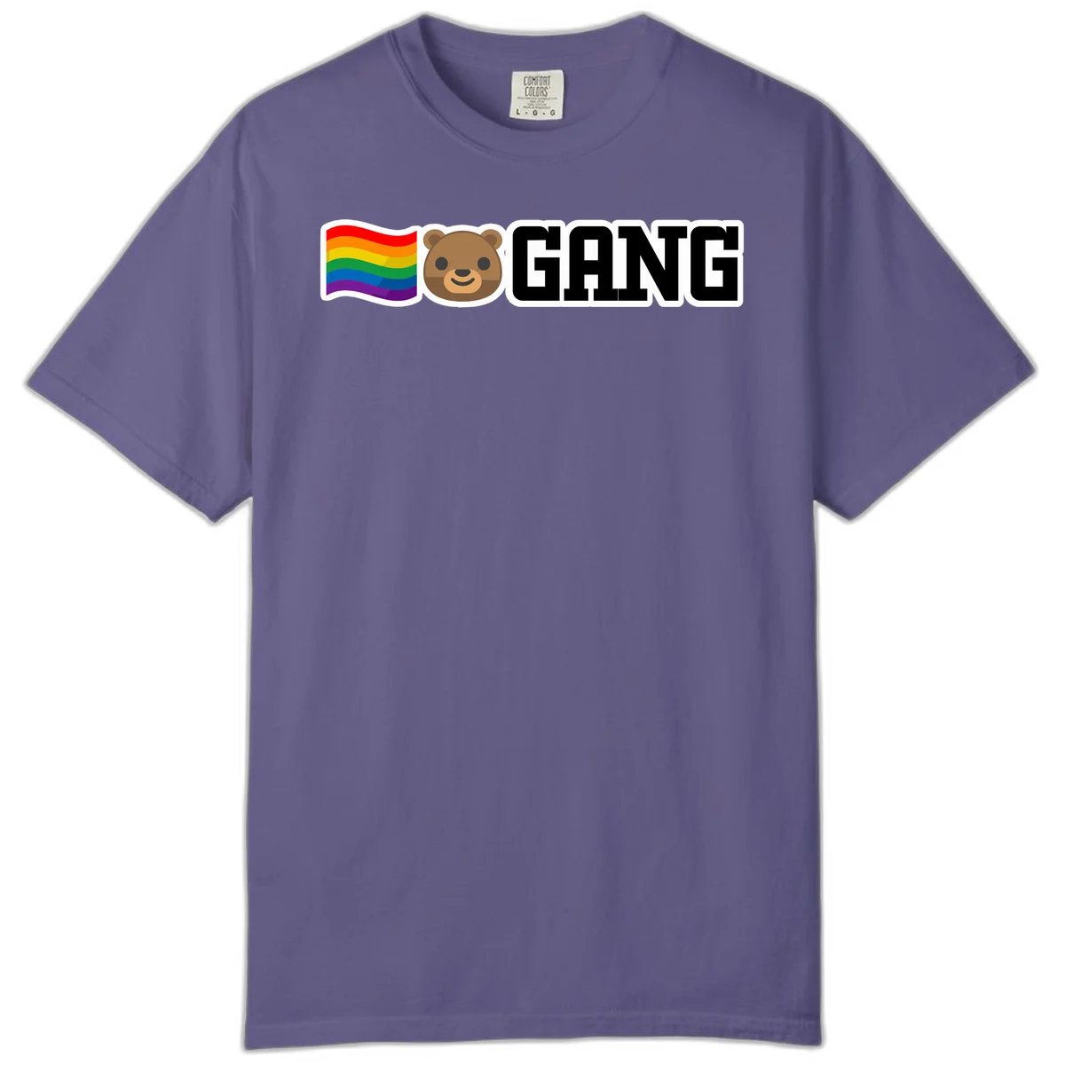 Bear gang pride design with rainbow flag, smiling bear face, and bold GANG text on gray background in Grape