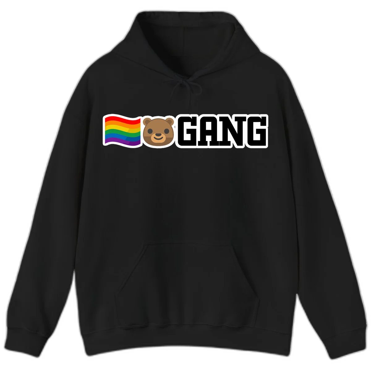 Bear gang pride design with rainbow flag, smiling bear face, and bold GANG text on gray background in Black