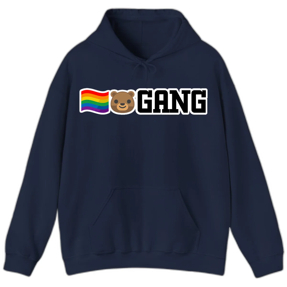 Bear gang pride design with rainbow flag, smiling bear face, and bold GANG text on gray background in Navy