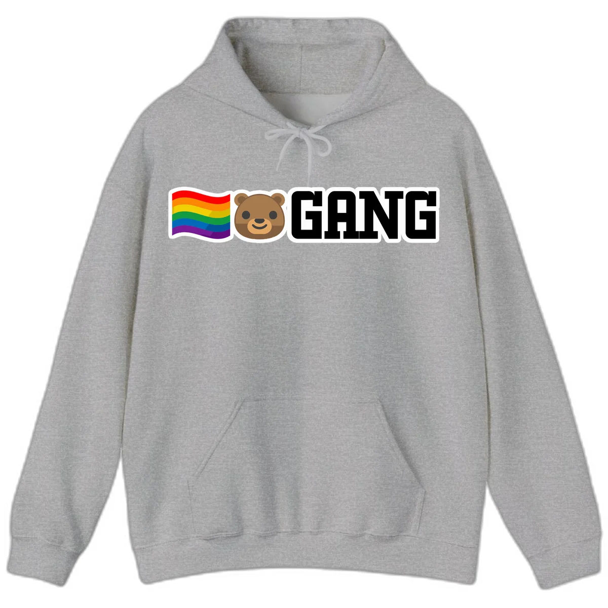 Bear gang pride design with rainbow flag, smiling bear face, and bold GANG text on gray background in Sport Grey