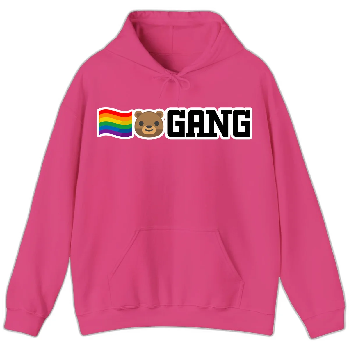 Bear gang pride design with rainbow flag, smiling bear face, and bold GANG text on gray background in Heliconia
