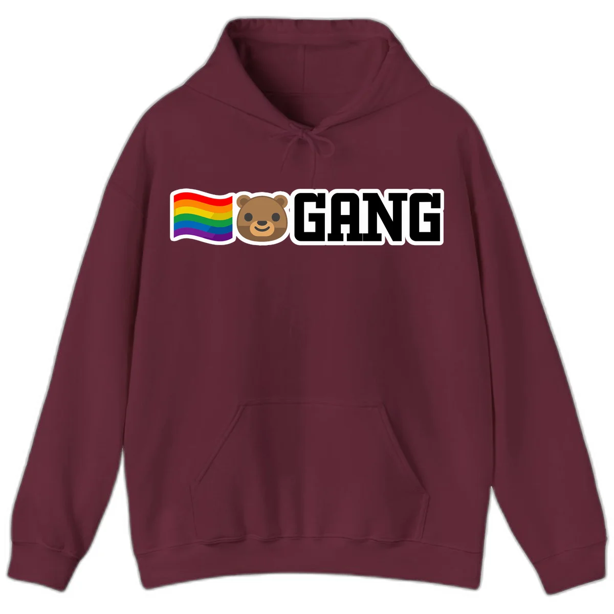 Bear gang pride design with rainbow flag, smiling bear face, and bold GANG text on gray background in Maroon