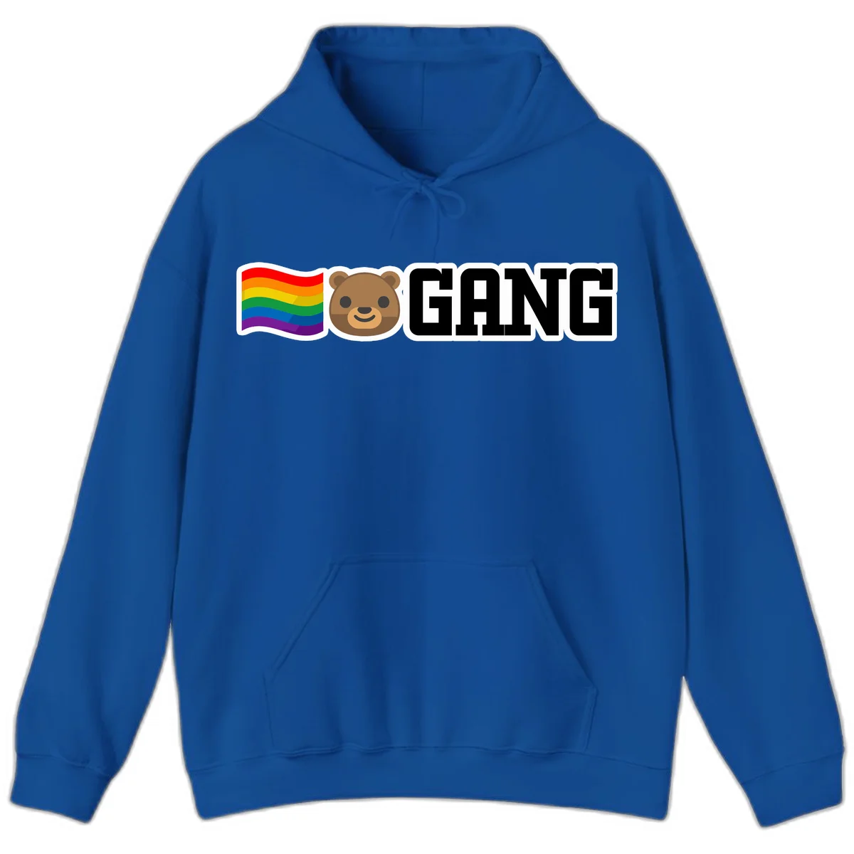 Bear gang pride design with rainbow flag, smiling bear face, and bold GANG text on gray background in Royal