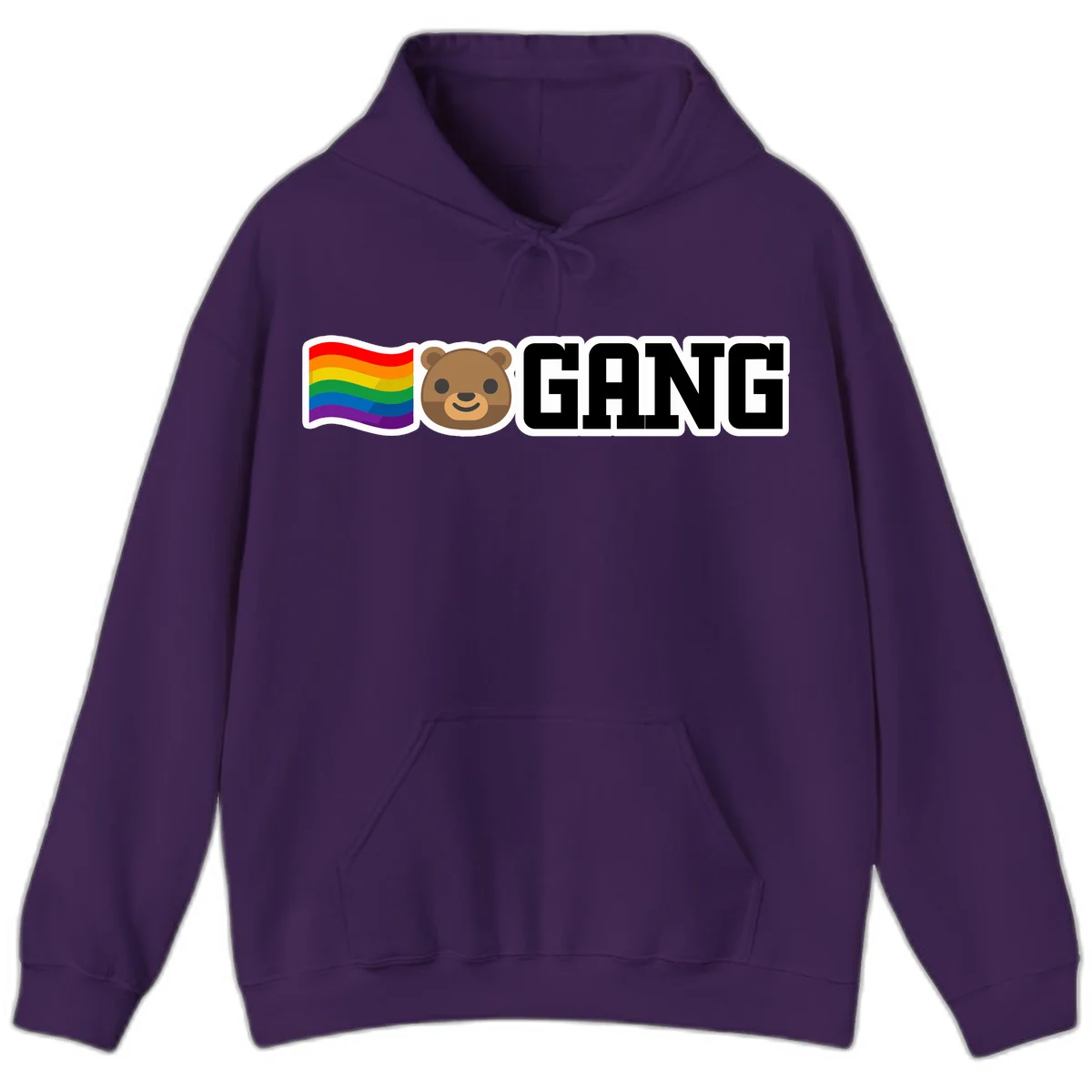 Bear gang pride design with rainbow flag, smiling bear face, and bold GANG text on gray background in Purple