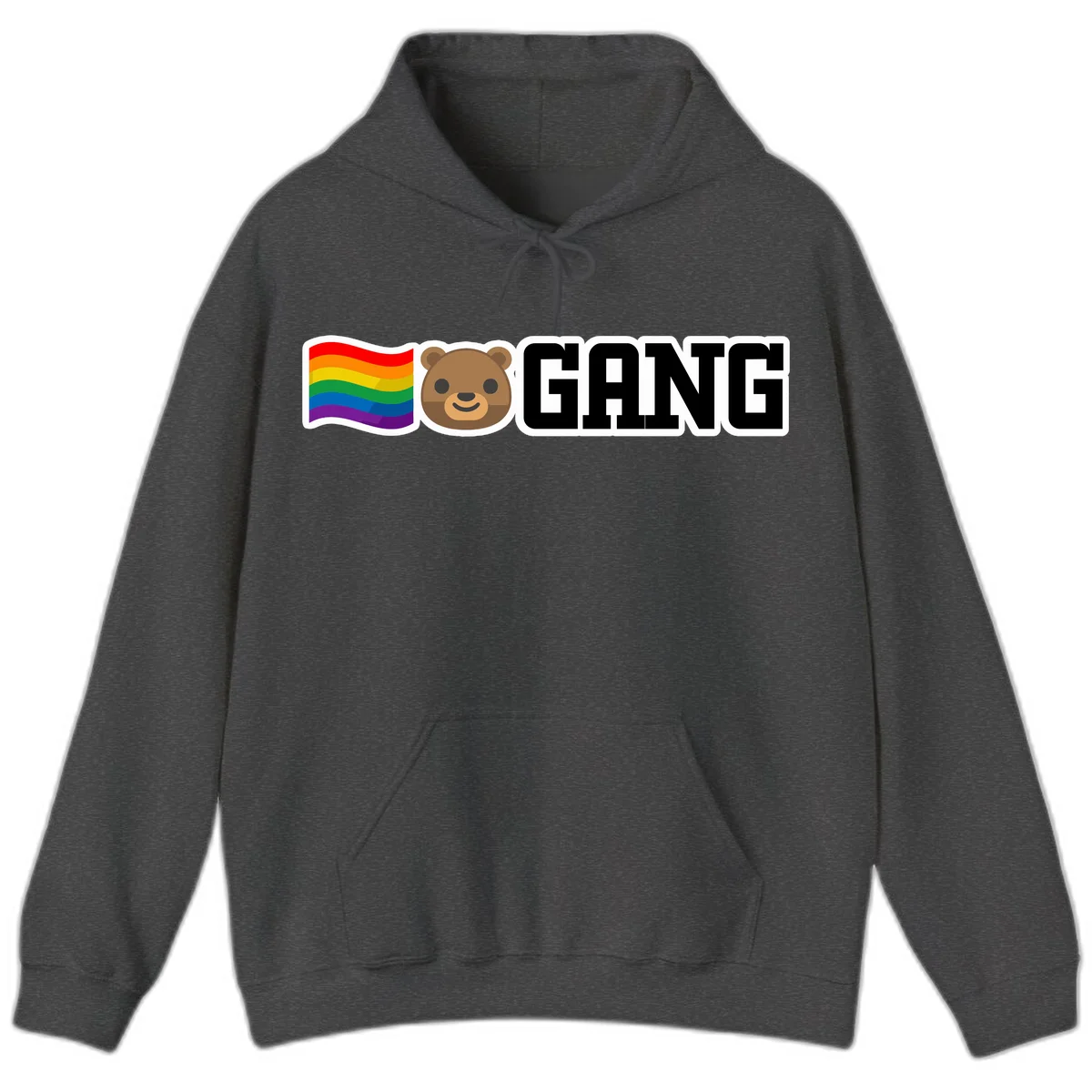 Bear gang pride design with rainbow flag, smiling bear face, and bold GANG text on gray background in Dark Heather
