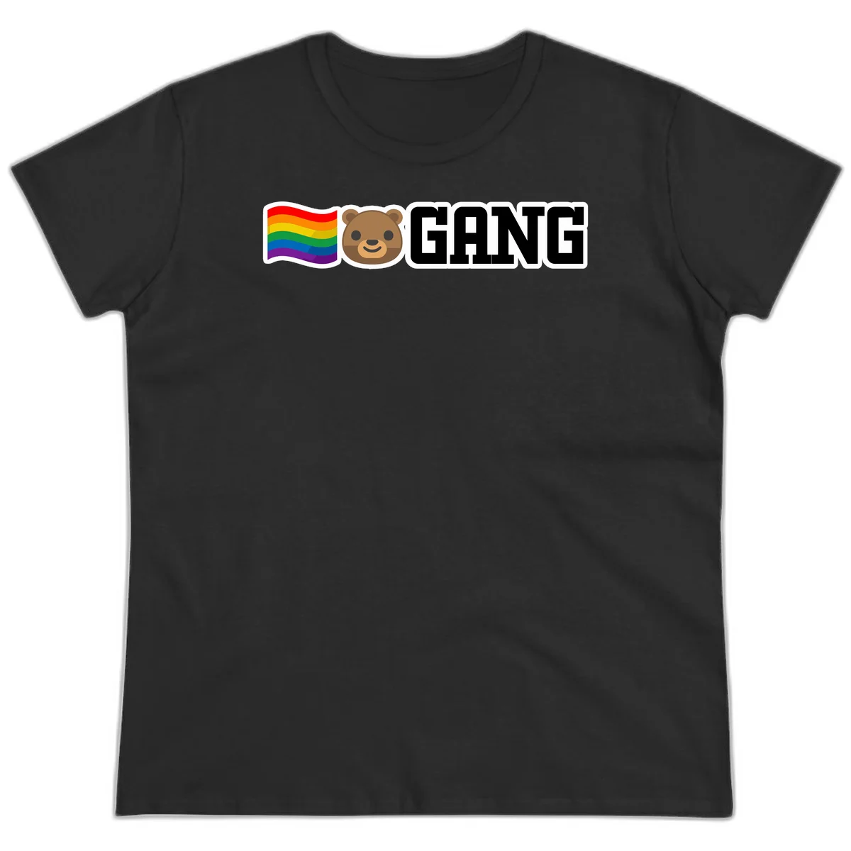 Bear gang pride design with rainbow flag, smiling bear face, and bold GANG text on gray background in Black