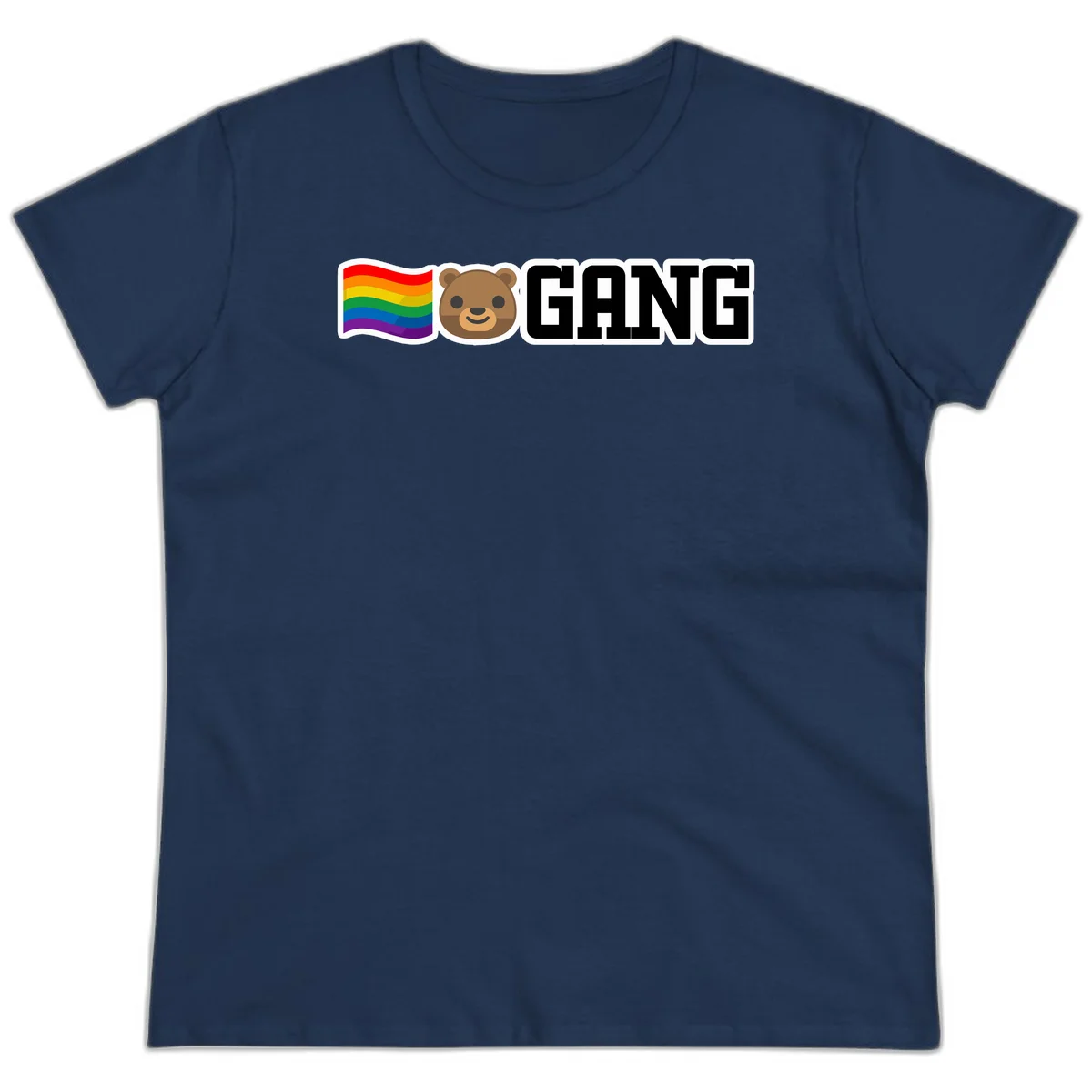 Bear gang pride design with rainbow flag, smiling bear face, and bold GANG text on gray background in Navy