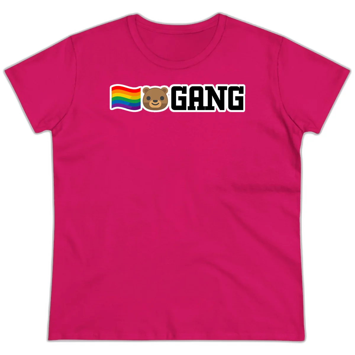 Bear gang pride design with rainbow flag, smiling bear face, and bold GANG text on gray background in Heliconia