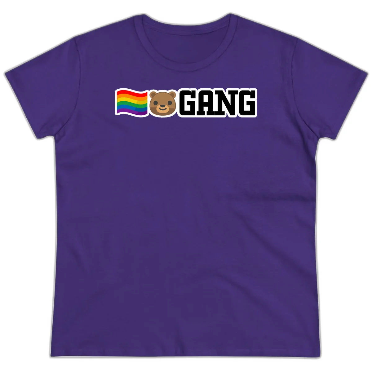 Bear gang pride design with rainbow flag, smiling bear face, and bold GANG text on gray background in Purple