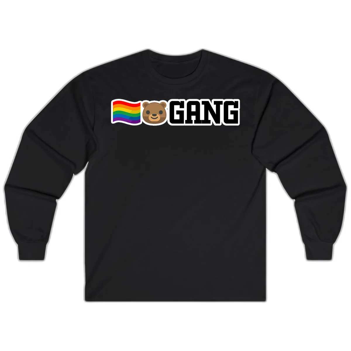 Bear gang pride design with rainbow flag, smiling bear face, and bold GANG text on gray background in Black