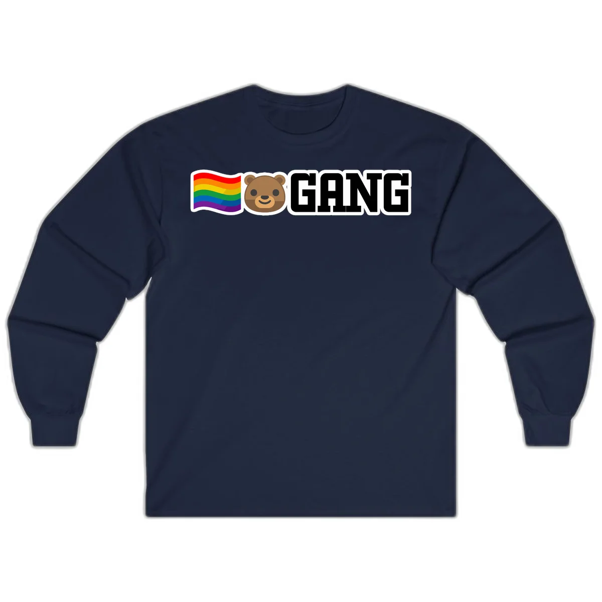 Bear gang pride design with rainbow flag, smiling bear face, and bold GANG text on gray background in Navy