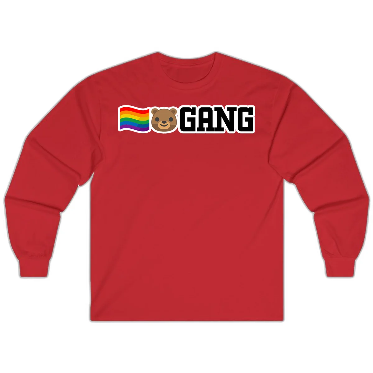 Bear gang pride design with rainbow flag, smiling bear face, and bold GANG text on gray background in Red