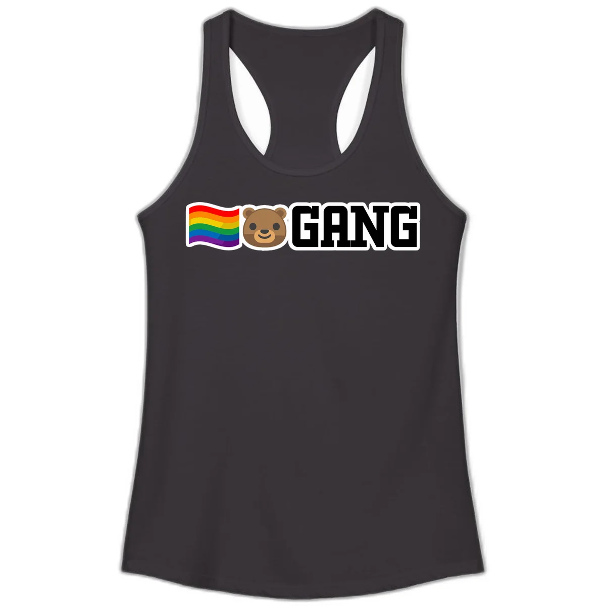 Bear gang pride design with rainbow flag, smiling bear face, and bold GANG text on gray background in Black