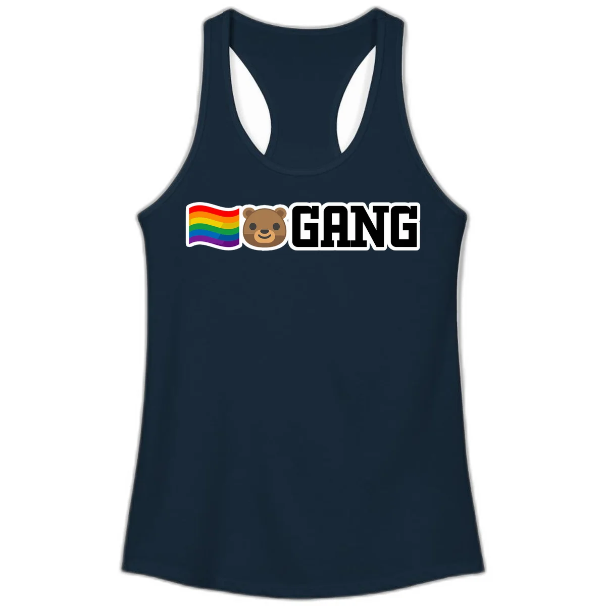 Bear gang pride design with rainbow flag, smiling bear face, and bold GANG text on gray background in Solid Midnight Navy