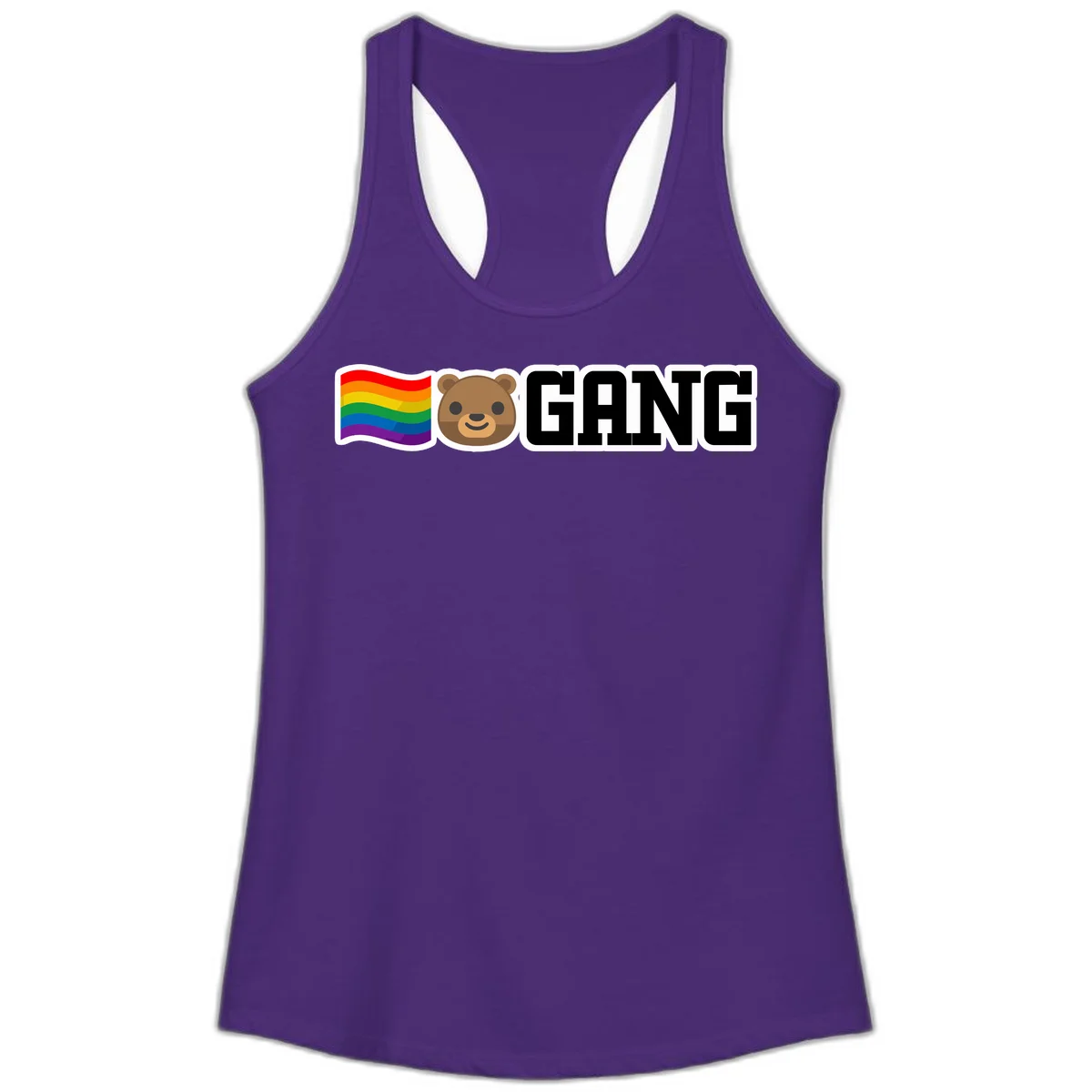 Bear gang pride design with rainbow flag, smiling bear face, and bold GANG text on gray background in Solid Purple Rush