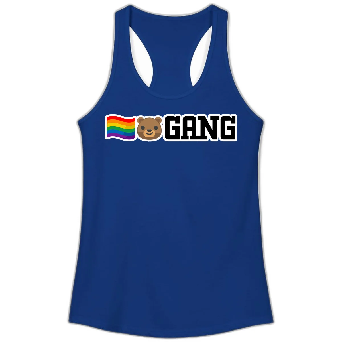 Bear gang pride design with rainbow flag, smiling bear face, and bold GANG text on gray background in Solid Royal