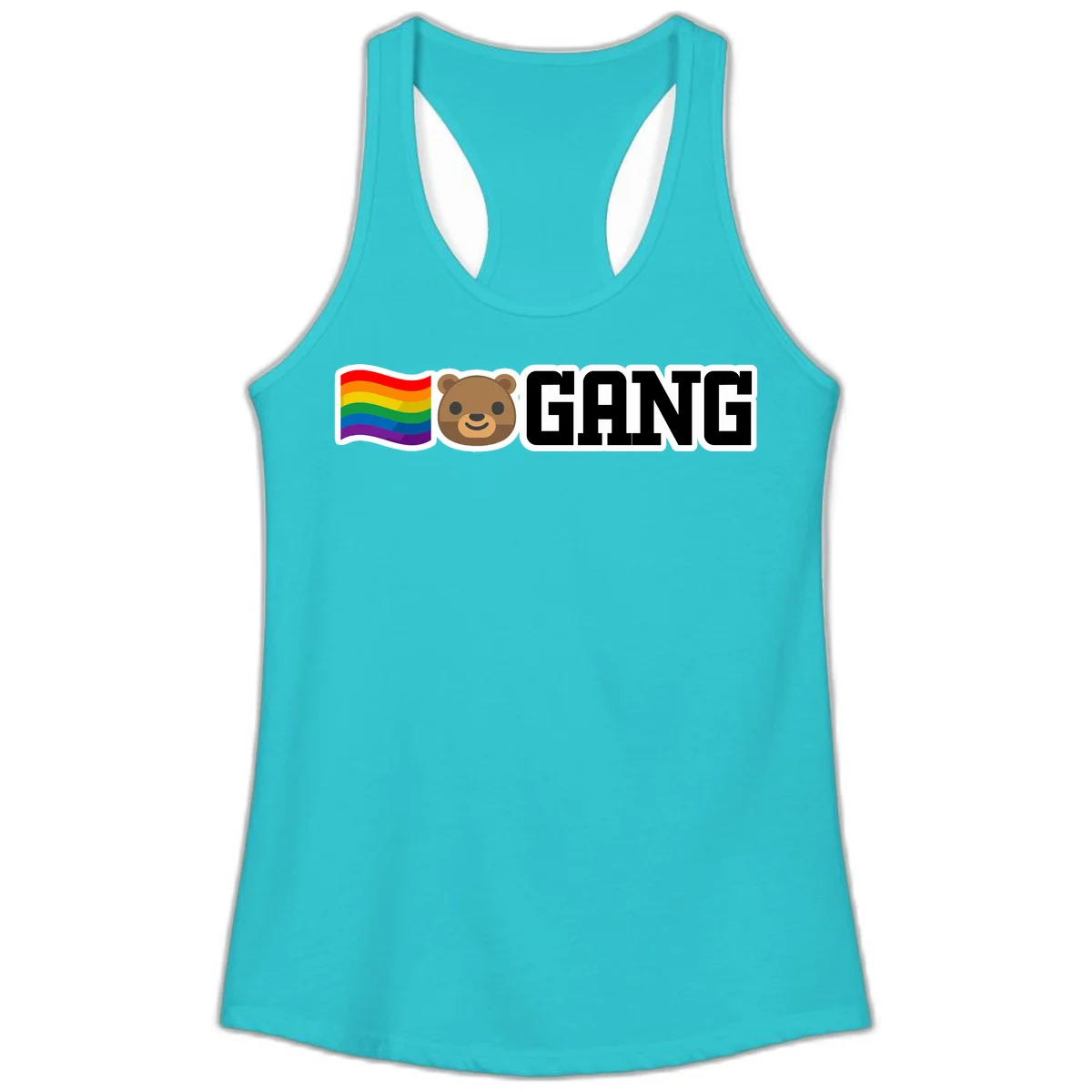 Bear gang pride design with rainbow flag, smiling bear face, and bold GANG text on gray background in Solid Tahiti Blue