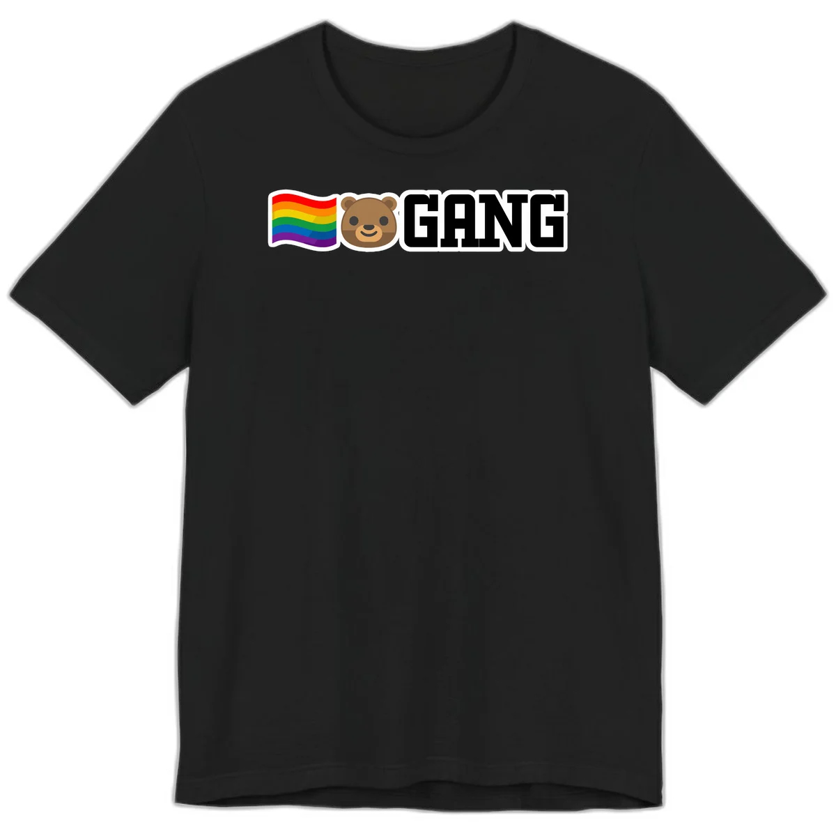 Bear gang pride design with rainbow flag, smiling bear face, and bold GANG text on gray background in Black
