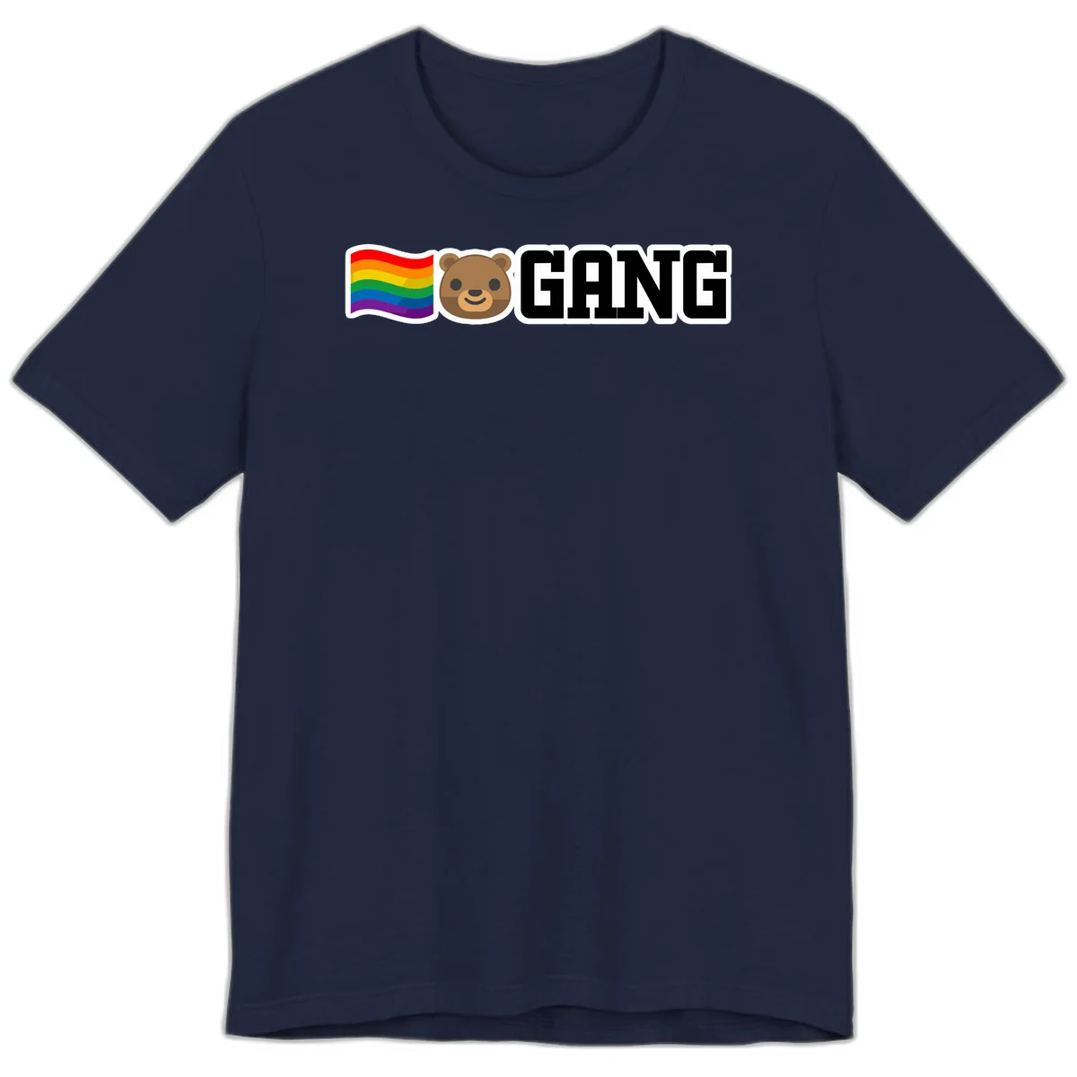 Bear gang pride design with rainbow flag, smiling bear face, and bold GANG text on gray background in Navy