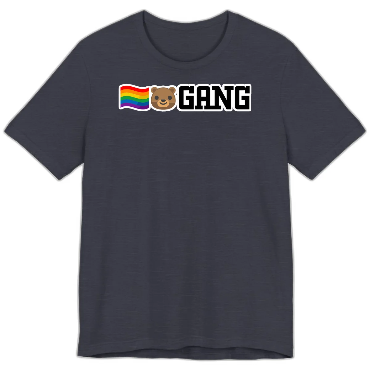 Bear gang pride design with rainbow flag, smiling bear face, and bold GANG text on gray background in Heather Midnight Navy