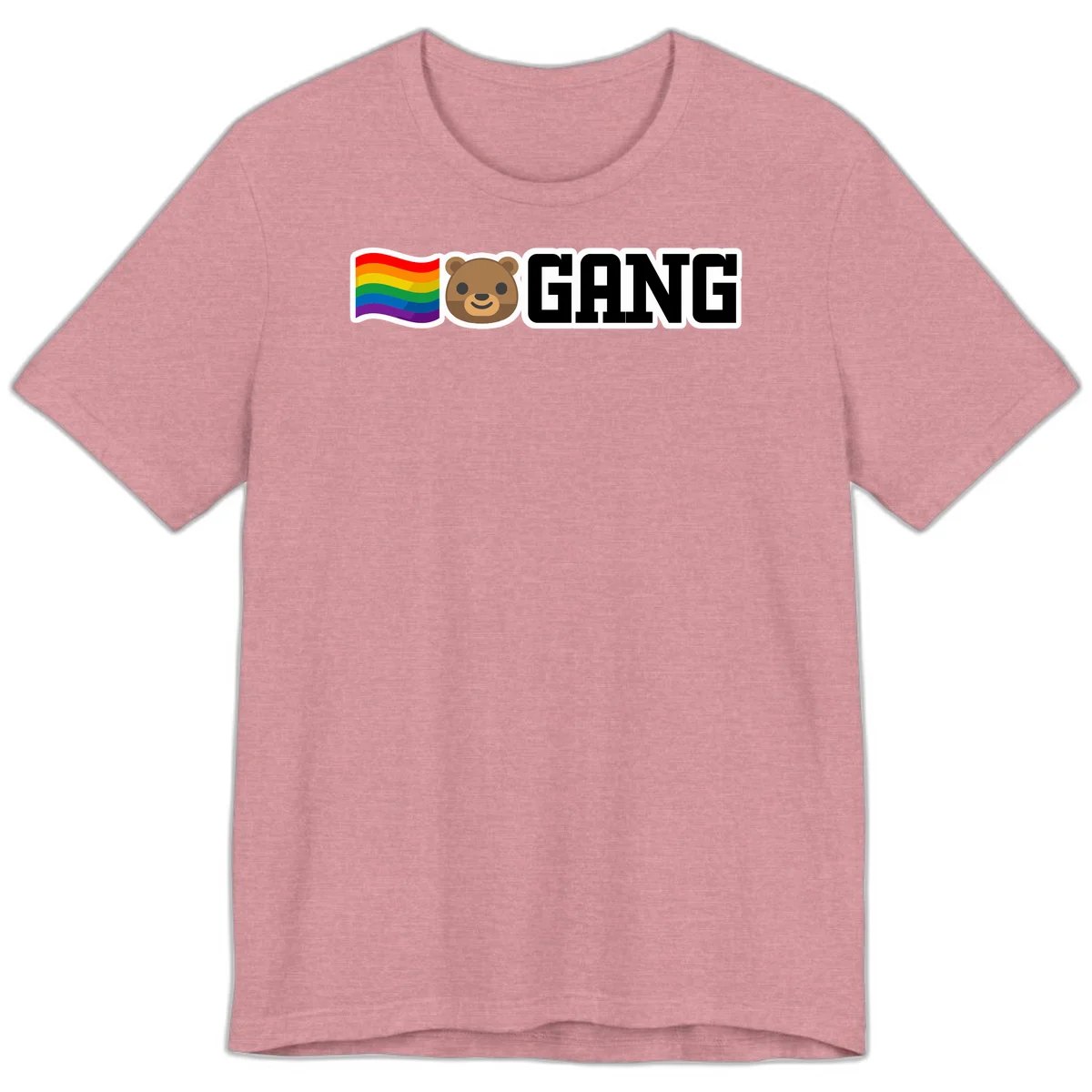 Bear gang pride design with rainbow flag, smiling bear face, and bold GANG text on gray background in Heather Orchid