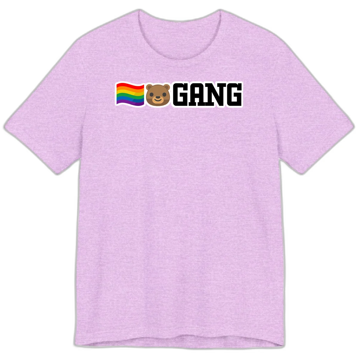 Bear gang pride design with rainbow flag, smiling bear face, and bold GANG text on gray background in Heather Prism Lilac