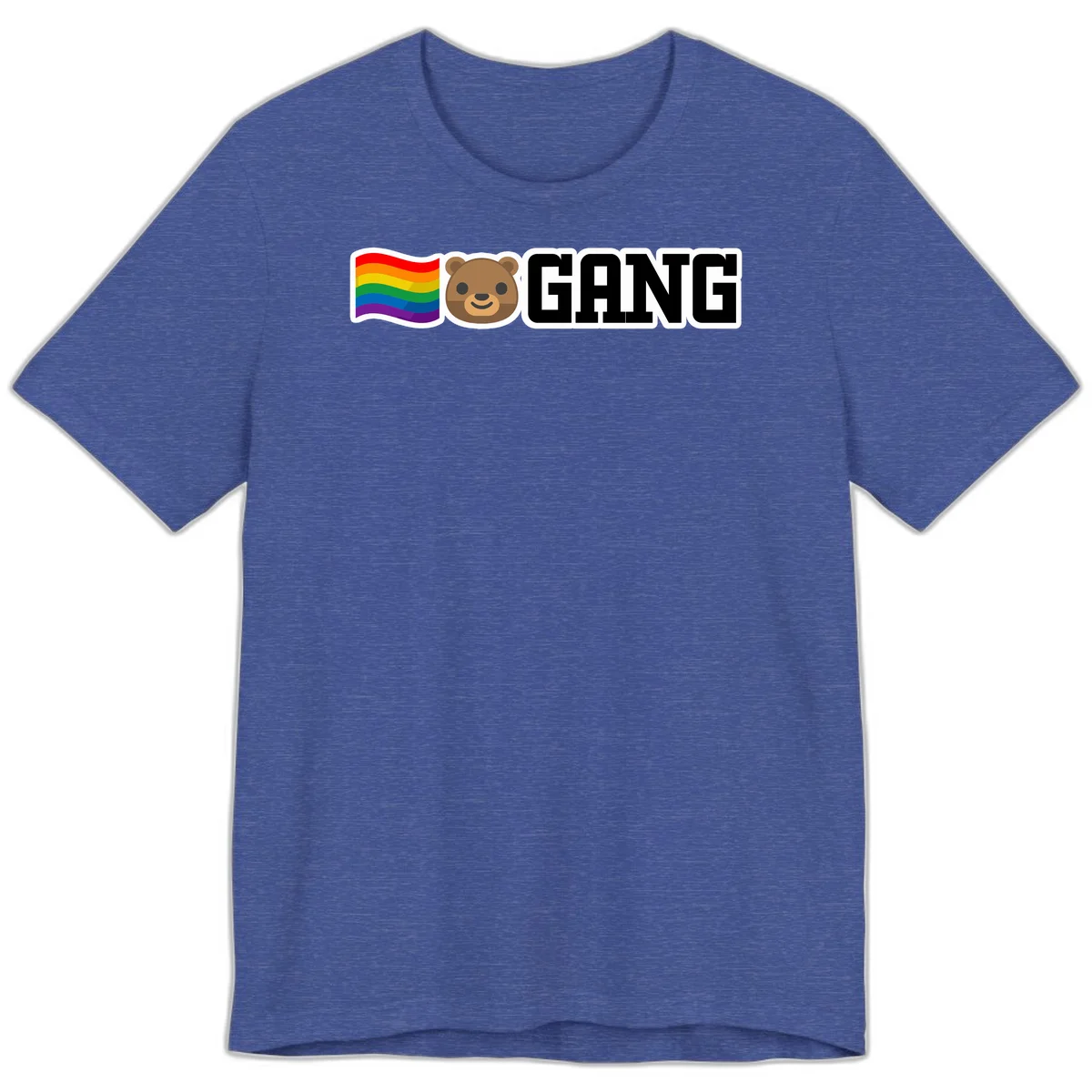 Bear gang pride design with rainbow flag, smiling bear face, and bold GANG text on gray background in Heather True Royal