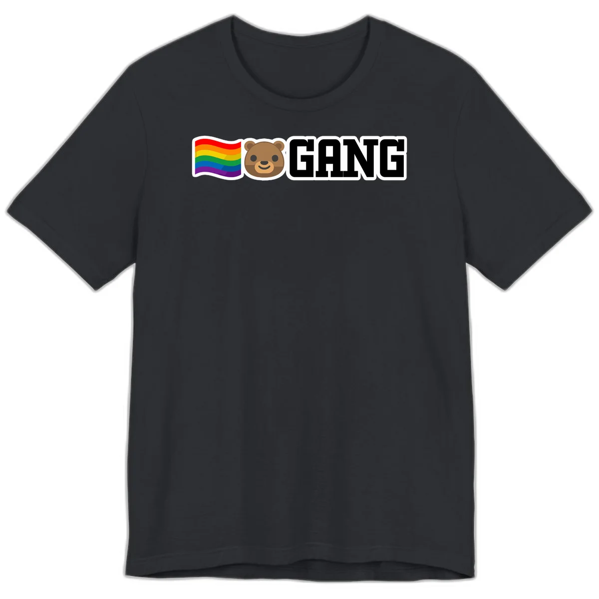 Bear gang pride design with rainbow flag, smiling bear face, and bold GANG text on gray background in Vintage Black