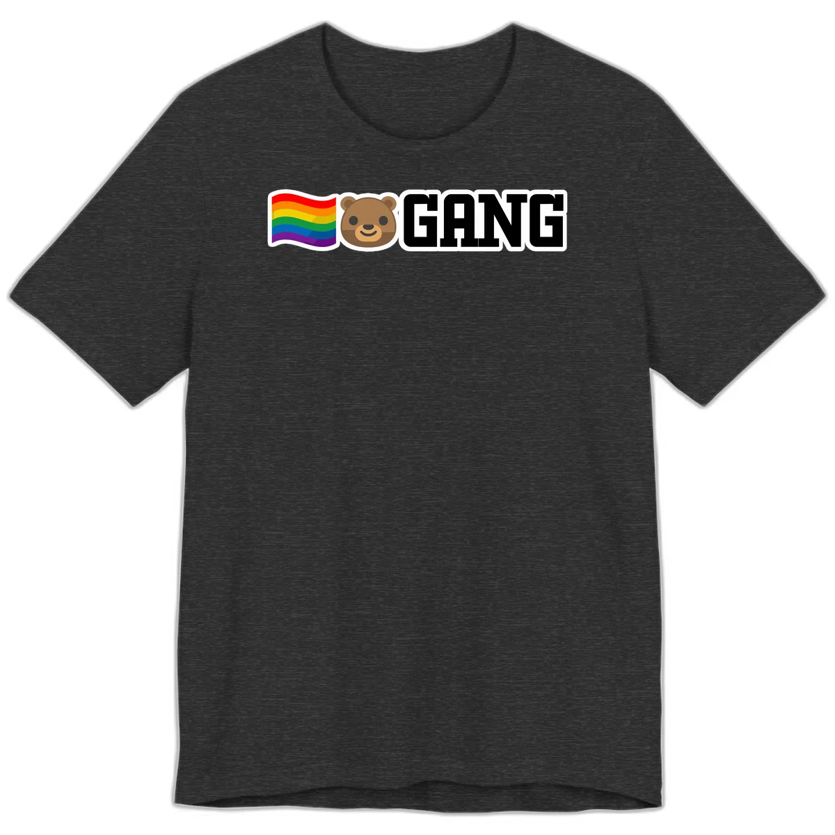 Bear gang pride design with rainbow flag, smiling bear face, and bold GANG text on gray background in Dark Grey Heather