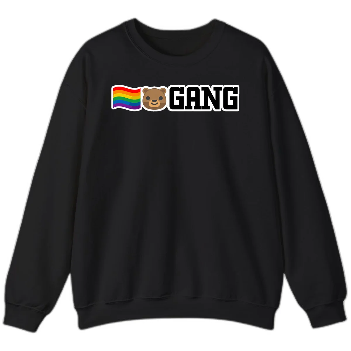 Bear gang pride design with rainbow flag, smiling bear face, and bold GANG text on gray background in Black