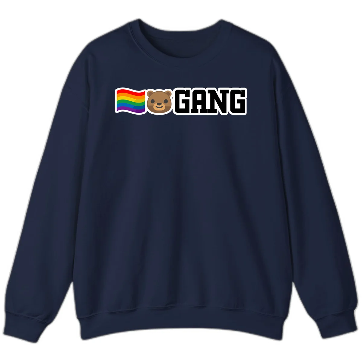Bear gang pride design with rainbow flag, smiling bear face, and bold GANG text on gray background in Navy