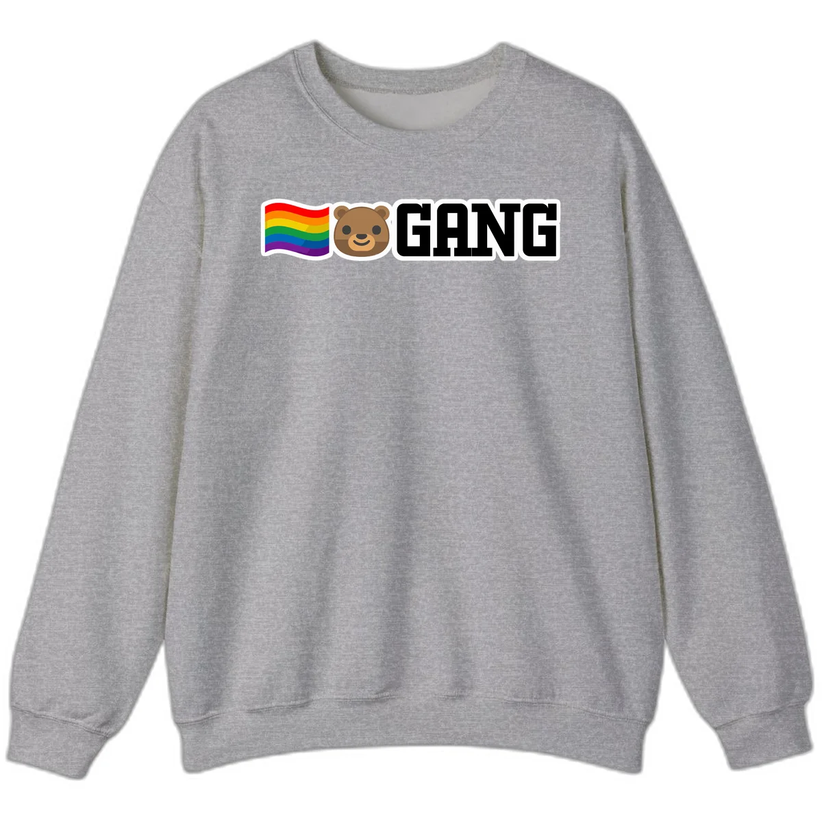 Bear gang pride design with rainbow flag, smiling bear face, and bold GANG text on gray background in Sport Grey