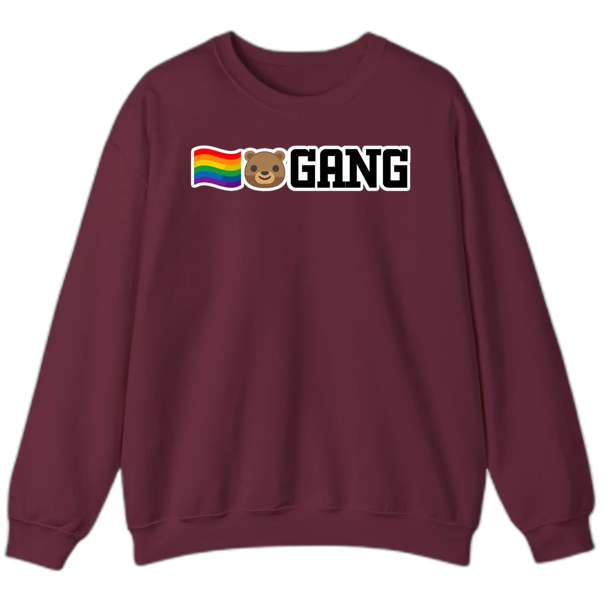 Bear gang pride design with rainbow flag, smiling bear face, and bold GANG text on gray background in Maroon